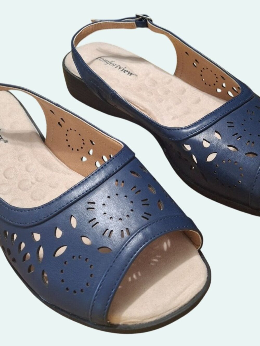 Comfortview Womens Navy Blue Laser-Cut Open-Toe Slingback Sandals *SH1